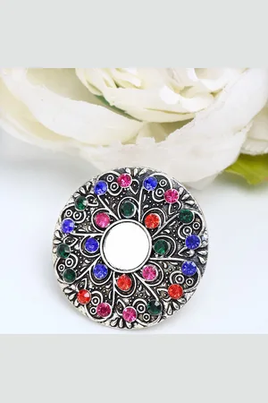 Sangria Silver-Plated & Red Stone-Studded Adjustable Finger Ring