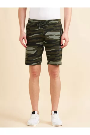 Sweet Dreams Men Olive Green Camouflage Printed Mid-Rise Cotton Lounge Shorts
