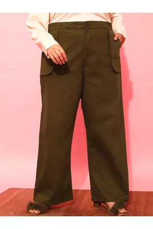 CURVY STREET Women Olive Green Relaxed Straight Leg Loose Fit Trousers