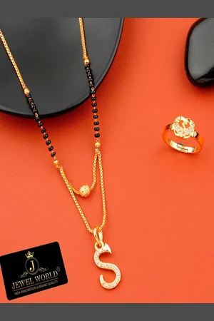 JEWEL WORLD Set Of 2 Gold-Plated Stone Studded & Beaded Mangalsutra With Ring