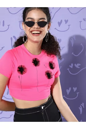 KASSUALLY Women Pretty Pink Floral Cropped Tshirt