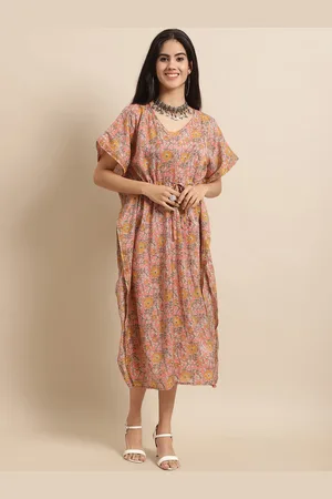 Kalini Orange Floral Print Kaftan Midi Ethnic Dress