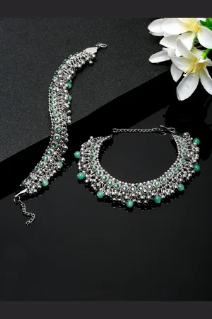 Sangria Set Of 2 Silver-Plated Stone Studded & Beaded Anklets