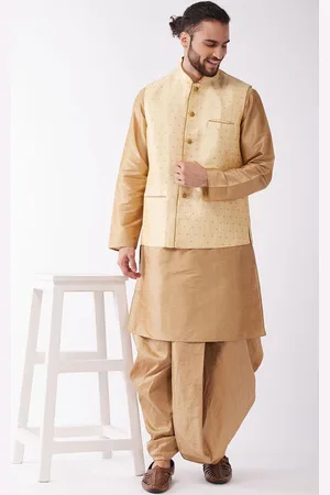 Vastramay Mandarin Collar Kurta With Dhoti Pants & Nehru Jacket