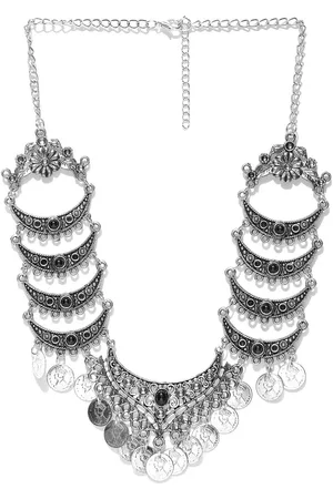 Sangria Silver-Plated Studded Contemporary Design Oxidised Statement Afghan Necklace