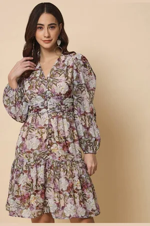 BEATNIK Floral Print Puff Sleeve Fit & Flare Dress