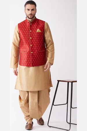 Vastramay Mandarin Collar Kurta with Dhoti Pants & Woven Design Nehru Jacket