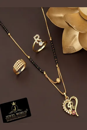 JEWEL WORLD Set Of 3 Gold-Plated Stone-Studded & Beaded R Design Mangalsutra & Rings