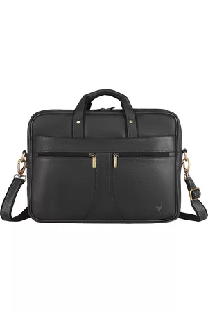 WildHorn Men Black Textured Genuine Leather 15 Inch Laptop Bag