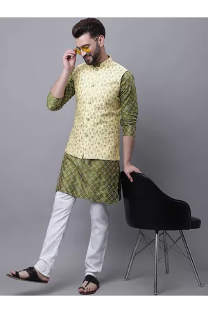 SOJANYA Men Ethnic Pyjamas - Men Olive Green Ethnic Motifs Embroidered Regular Thread Work Kurta with Pyjamas