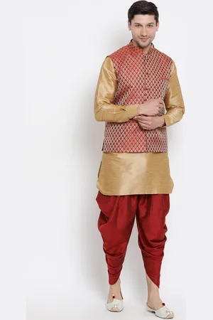 Vastramay Mandarin Collar Regular Kurta With Dhoti Pants & Nehru Jacket