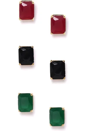 DressBerry Set Of 3 Maroon & Green Stone-Studded Gold-Plated Geometric Studs