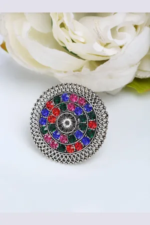 Sangria Silver-Plated Red & Blue Stone-Studded Adjustable Finger Ring