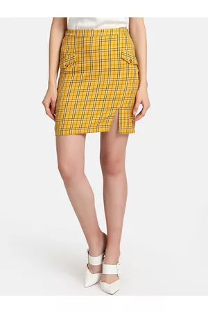 Kazo Women Yellow & Black Checked Straight Mini Skirt