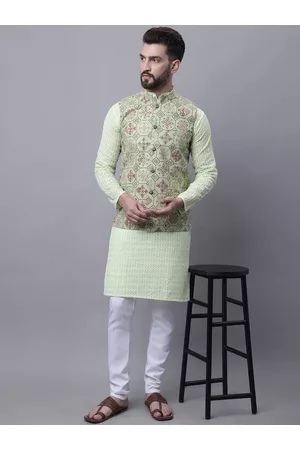 SOJANYA Men Ethnic Pyjamas - Men Green Ethnic Motifs Embroidered Regular Thread Work Pure Cotton Kurta with Pyjamas