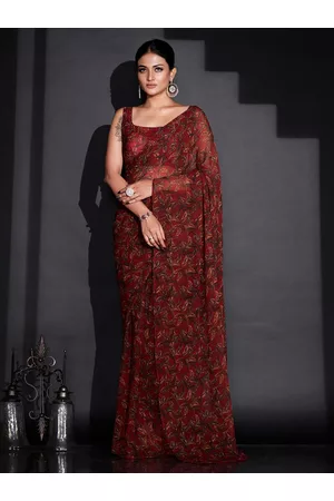 Tikhi Imli Red & Green Floral Printed Poly Georgette Ready To Wear Saree