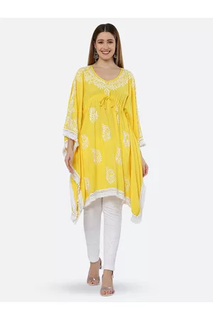 FAWOMENT Floral Embroidered Chikankari Kaftan Kurta