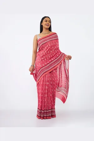 Taneira Pink & White Floral Zari Silk Cotton Bagru Saree