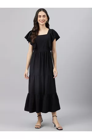 DEEBACO Women Black Long Tiered Maxi Dress
