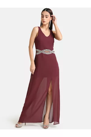 Kazo Maroon Embellished Waist Maxi Dress
