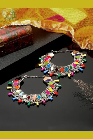 Sangria Set Of 2 Silver-Plated Stone-Studded & Beaded Anklets