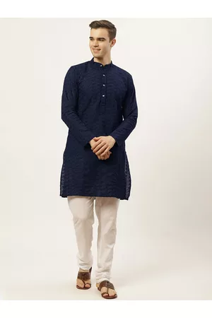 Jompers Men Ethnic Pyjamas - Men Navy Blue Ethnic Motifs Embroidered Thread Work Pure Cotton Kurta with Pyjamas