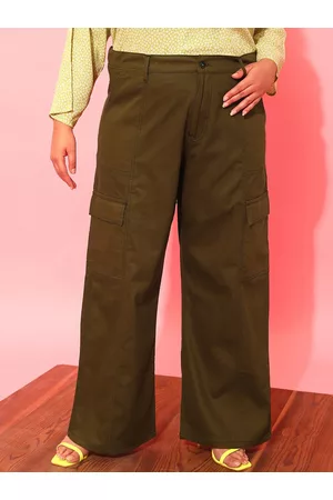 CURVY STREET Women Plus Size Olive Green Relaxed Straight Leg Pure Cotton Trousers