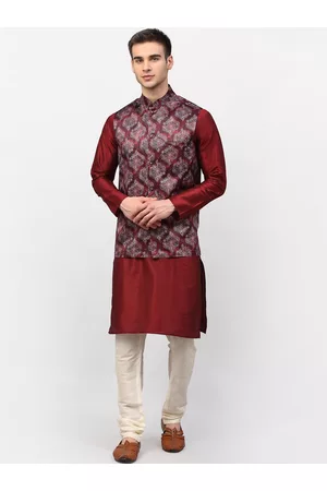 Jompers Men Ethnic Pyjamas - Men Maroon Ethnic Motifs Dupion Silk Kurta with Pyjamas & Nehru Jacket