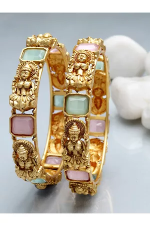karatcart Women Set of 2 Gold-Toned & Blue Rajwadi Gold Plated Temple Bangles