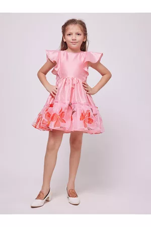 Frangipani Girls Floral Printed Flutter Sleeve Fit & Flare Dress