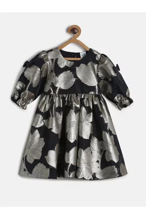 MINI KLUB Girls Floral Self Design Puff Sleeves Fit & Flare Dress