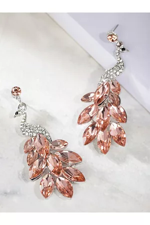 DressBerry Silver-Plated And Peach-Coloured Artificial Stones Peacock Shaped Drop Earrings