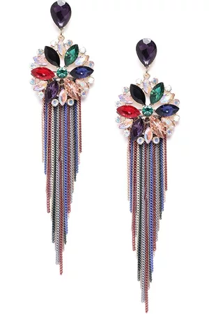 DressBerry Gold-Plated Contemporary Stone Studded Tasselled Drop Earrings