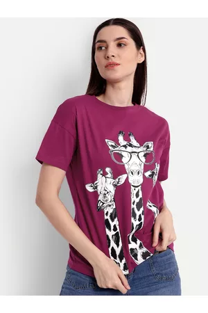 iki chic Women Magenta Printed Drop-Shoulder Sleeves Applique T-shirt