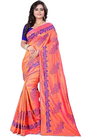 Kalini Pink & Blue Ethnic Motifs Embroidered Silk Blend Maheshwari Saree
