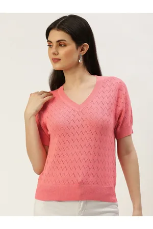 AND V-Neck Knitted Self Design Short Sleeves Top