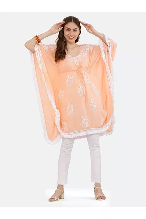 FAWOMENT Floral Embroidered Chikankari Kaftan Kurta