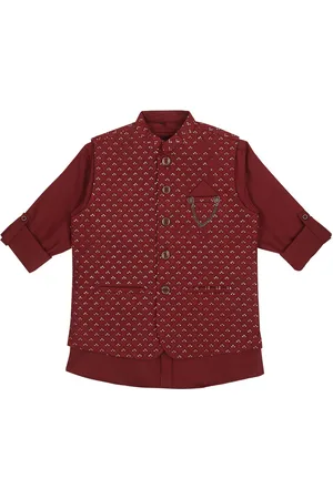 CAVIO Boys Embroidered Pure Cotton Slim-Fit Nehru Jackets With Shirt
