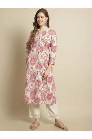 Pistaa Mandarin Collar Floral Printed A-Line Pure Cotton Kurta