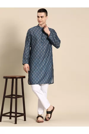 Anouk Men Ethnic Pyjamas - Men Navy Blue Ethnic Motifs Printed Regular Pure Cotton Kurta with Pyjamas