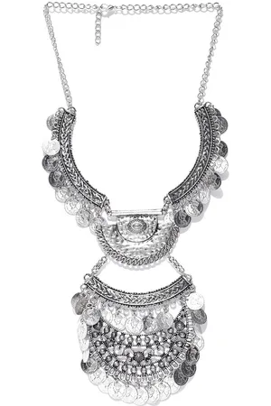 Sangria Silver-Plated Contemporary Design Oxidised Statement Afghan Necklace