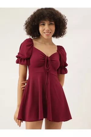 Aahwan Solid Puff Sleeve Fit & Flare Mini Dress