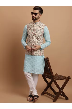 SOJANYA Men Ethnic Pyjamas - Men Blue Ethnic Motifs Embroidered Regular Thread Work Pure Cotton Kurta with Pyjamas