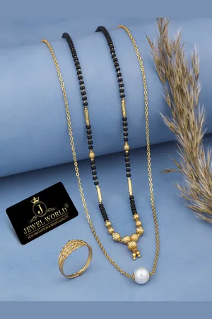 JEWEL WORLD Set Of 3 Gold-Plated Beaded Mangalsutra Chain With Ring
