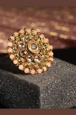 Anouk Gold-Plated & Peach Stones -Studded & Beads-Beaded Adjustable Ring