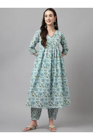 FIORRA Floral Printed Regular Pure Cotton A-Line Kurta with Trousers