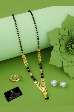 JEWEL WORLD Set Of 3 Gold-Plated Stone Studded & Beaded Mangalsutra & Earring With Ring