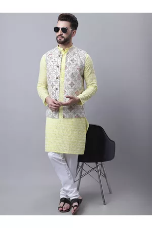 SOJANYA Men Ethnic Pyjamas - Men Yellow Ethnic Motifs Embroidered Regular Thread Work Pure Cotton Kurta with Pyjamas