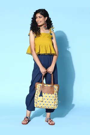 Sangria Yellow & Green Ikat Printed Shoulder Bag with Tasselled