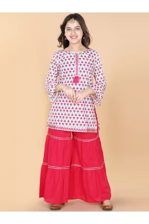 ADIVA Girls White Ethnic Motifs Printed Gotta Patti Kurti with Sharara